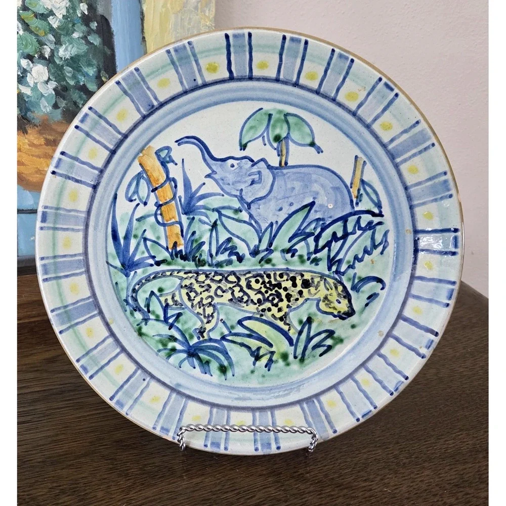 Vintage Leopard Elephant Safari Jungle Cat Plate Denmark Signed RAS Handpainted